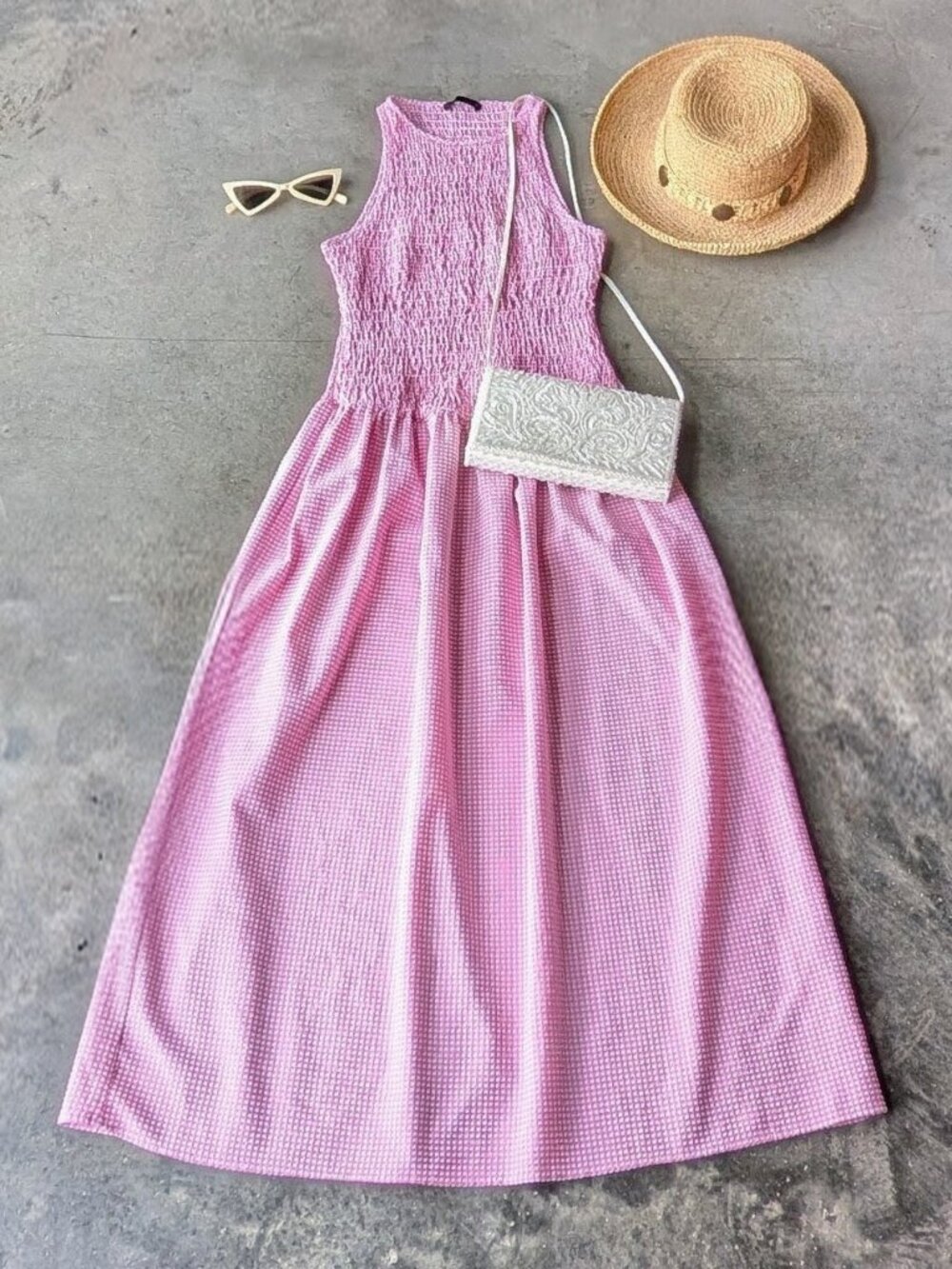 Zara Pink Sleeveless Smocked Drop Waist Gingham Midi Maxi Dress medium
